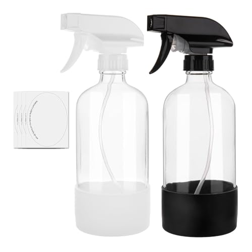 Glass Spray Bottles with Silicone Sleeve, 16 oz 2 Pack Empty Refillable Containers with Adjustable Spray Nozzles (Mist to Stream to Off), Spray Bottles for Cleaning, Hair, Plants, essential oils