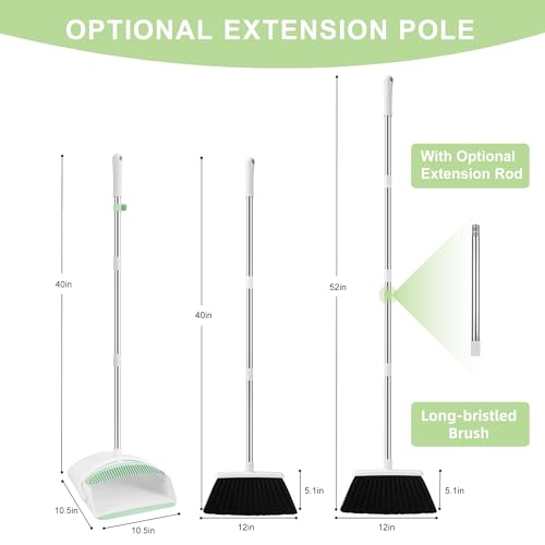 Broom with Dustpan Combo Set for Home, 52-in Long Adjustable Handle Angle Broom and Dustpan Set with Dustpan Comb Teeth for Sweeping Pet Hair Food Dirt Kitchen (White-Green) - color: White-green