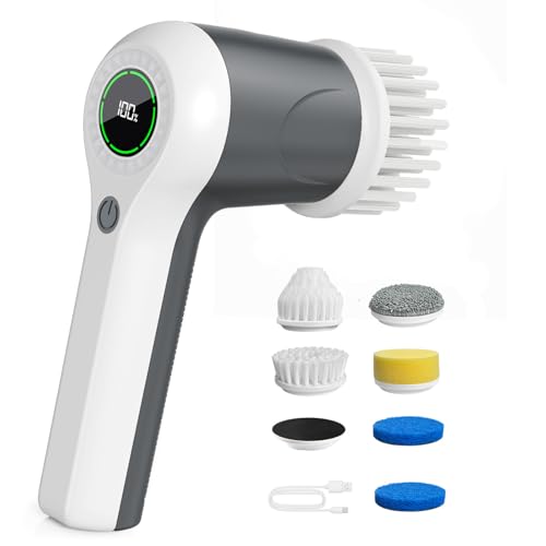 PUFTEM Electric Spin Scrubber, Cordless Shower Scrubber with Battery Level Display, 2 Speeds Electric Scrubber for Cleaning with 6 Replaceable Heads, Cleaning Brush for Bathroom/Sink/Window (Gray) - color: Gray