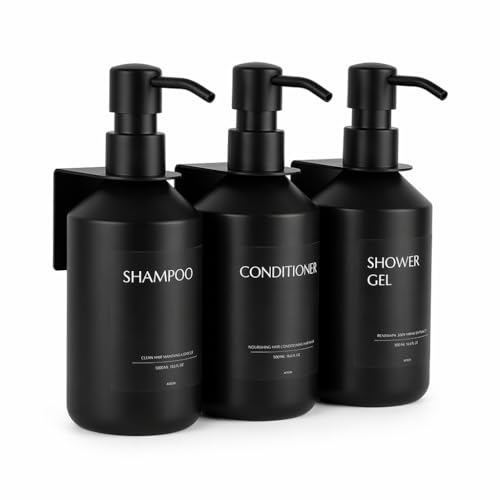 Shampoo and Conditioner Dispenser Set of 3, Wall Mount No Drill Shower Soap Bottles with Labels, Refillable Body Wash Dispensers for Bathroom Decor - color: Black Bottles + Black Round Pumps