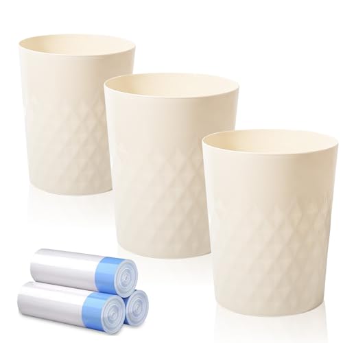 JiatuA 3 Pack Small Trash Can with Trash Bags Bathroom Garbage Bin Round Plastic Waste Basket for Kitchen, Bedroom, Office, College Dorm, Craft Room, Beige - color: Beige