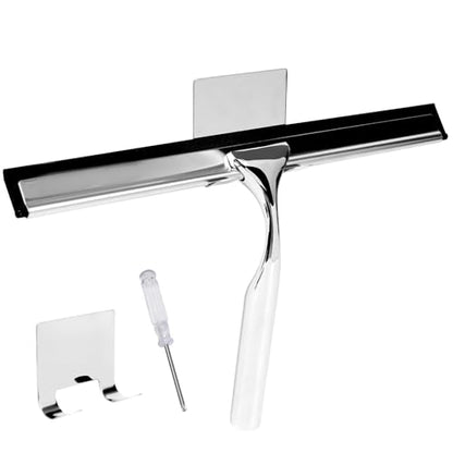 10 Inch Stainless Steel Shower Squeegee for Glass Doors, with 1 Hooks 1 Screwdriver, Bathroom Tool Household Window Mirror Squeegee, for Tile Wall, Car, Silver
