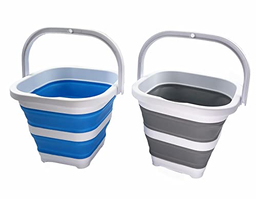 SAMMART Collapsible Rectangular Cleaning Bucket 5L (1.3 Gallon)- Foldable Camping Beach Sand Water Pot Pail- Portable Space Saving Tub for Household, Outdoor Car Washing (Grey + Sky Blue (Set of 2)) - color: Grey + Sky Blue (Set of 2)