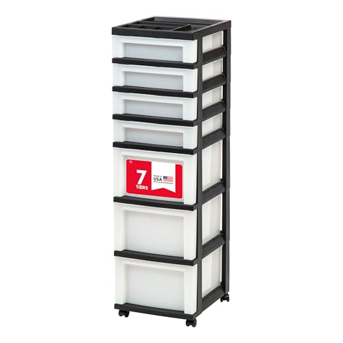 IRIS USA Plastic Drawer Storage Organizer Rolling Cart, with Wheels Casters, 7-Drawers, for Classroom Art Craft Supplies Dresser Closet Bathroom Laundry Room, Black/Pearl - color: Black, size: 7 Drawer with Wheels