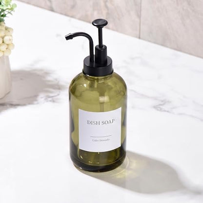 Glass Soap Dispenser with Upgrade Pump, Hand and Dish Soap Dispenser for Bathroom Kitchen, Soap Dispenser Set with 9 Stickers Funnel Bamboo Tray 500ml 18oz Green - color: Olive Green