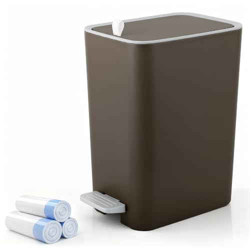 rejomiik Small Bathroom Trash Can with Lid, 2.1 Gallon Step Garbage Can with Handle, Slim Mini Wastebasket Bin for Bedroom, Office, Dorm, Brown - color: Brown, size: 2.1 Gallon