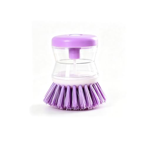 1 Pack Kitchen Soap Dispensing Palm Brush, Non-Scratch Palm Scrubber for Pots Pans Sinks, Durable Bristles Cleaning Tool, Green & Purple (Colors May Vary)