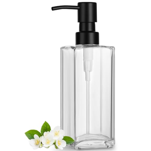 GMISUN Glass Soap Dispenser with Stainless Steel Pump, Clear Hand Soap Dispenser for Bathroom, 12 fl oz/350ml Refillable Dish Dispenser for Kitchen, Modern Liquid Soap and Lotion Bottle for Countertop - color: Clear Bottle + Black Pump, size: 1 Pack