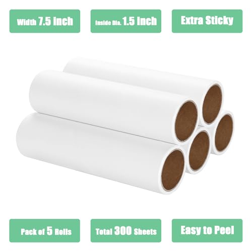 7.5 inch Lint Roller Refills Only, Pet Hair Remover Refills for Clothes Carpet Floor Couch, Extra Sticky Lint Brush Roller Refills, Pack of 5 Rolls, Total 300 Sheets (7.5'' Wide) - size: 7.5'' Wide (Pack of 5, Total 300 Sheets)