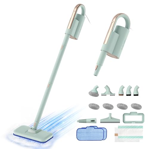 Newbealer Steam Mop & Detachable Handheld Cleaner, 1200W Floor Steamer | 3 Adjustable Levels for Carpet Laminate Hardwood Grout, Carpet Glider, 11 Multi-purpose Accessories & 2 Pads, 250ml Tank - color: Green with 11 brushes