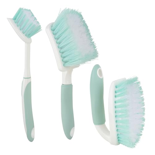 3 Pack Bathroom Scrub Brush Set, Heavy-Duty Scrub Brushes for Cleaning Floor, Green Scrubbing Brush with Non-Slip Handle and Stiff Bristles for Bathtub, Tub, Tile, Gap, Kitchen, Sink