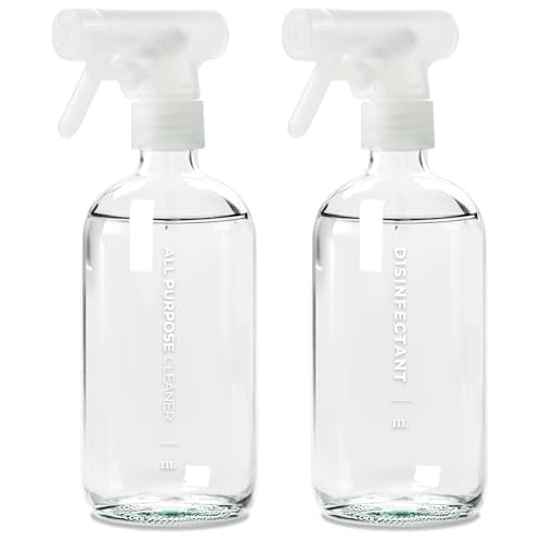 MaisoNovo Glass Spray Bottles 16 Oz Pack of 2 - Clear Spray Bottles for Cleaning Solutions with Fortified Glass & Fine Mist - Ideal for Cleaning, Disinfecting, Home, Office & Commercial Use - 16 Label - color: Clear