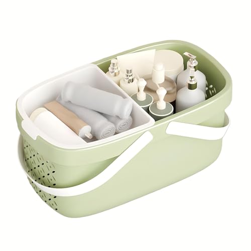 Pulseplay Plastic Organizer Storage Basket with Handles Portable Large Capacity Shower Caddy Basket with Drainage Holes for Bathroom Living Room College Dorm Room (Green) - color: Green