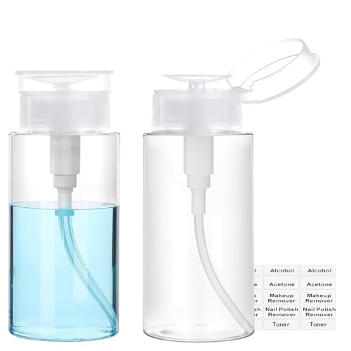 Push Down Pump Dispenser, 3.4oz Clear Pump Bottles with Alcohol, Acetone, Nail Polish Remover, Makeup Remover, Toner Stickers Empty Push Top Container for Liquid (100ml-2Pack) - size: 100ml-2pack