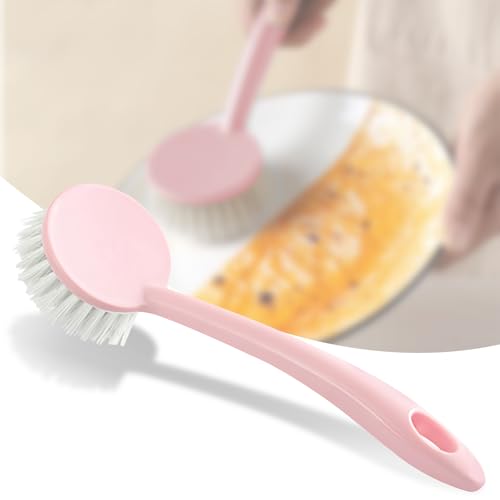 Dish Brush with Handle, Stiff Bristles Dish Scrubber Long Handle Kitchen Scrub Brush for Cleaning Dishes, Pots and Pans, Kitchen Sink (9.44x2.75 inches) - color: Pink 1pcs