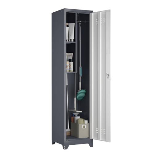Metal Broom Storage Cabinets, Narrow Cabinet with Hooks, 65" Slim Bathroom Storage Cabinet with Shelves, Heavy-Duty Cleaning Cabinets for Utility Room, Gym, Office, Garage - color: 65"h-slim Cabinet / White+grey