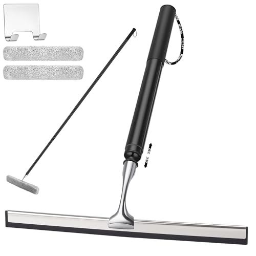 17'' - 60'' Metal Squeegee with Extension Pole for Window,Glass Door,Mirror, 12'' Wide Telescopic Shower Squeegee Cleaner with Long Handle (60'' Telescopic Pole Squeegee)