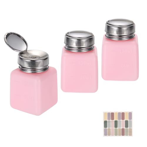 uxcell 3Pcs Push Down Solvent Dispenser, 120ml/4oz Anti-Reflux Liquid Pump Bottle with Stainless Steel Lid and Colorful Stickers for Acetone Alcohol Makeup Remover, Pink - color: Pink, size: 120ml/4oz