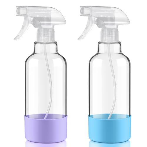 Glass Spray Bottles with Silicone Sleeve 16.9oz 2 Pack Empty Spray Bottle for Hair Mist/Stream Spraying for Cleaning Solutions, Plants, Essential Oils (clear-sblue&purple) - color: clear-sblue&purple
