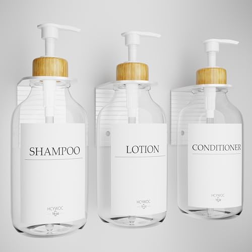 Shampoo Dispenser for Shower Wall, Shampoo and Conditioner Dispenser with 16 Waterproof Labels, No Drill Shower Soap Dispenser Bathroom, Shower Soap Dispenser Wall Mounted,17oz, 3 Pack, Clear - color: 1-clear Bottle + Bamboo Pump
