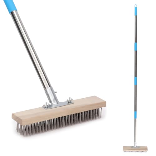 Heavy Duty Wire Broom with 70.8" Telescopic Handle: Stainless Steel Outdoor Broom for Cleaning Moss Concrete Floors Grout Gardens Patio Deck Concrete Garage (Style 2) - color: Apricot- 70.8 Inch