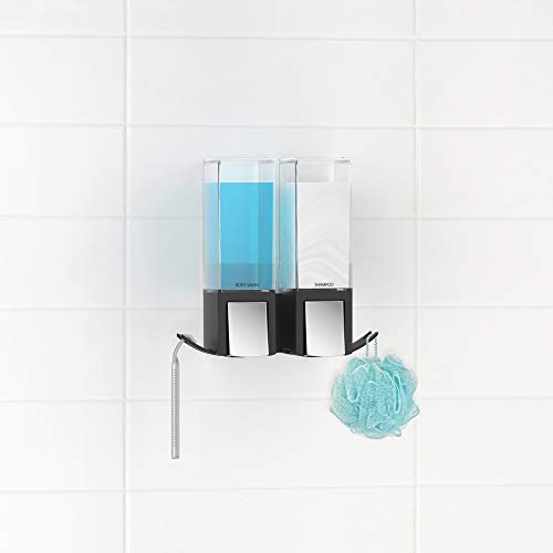 Better Living Clever Double Shower Dispenser 2 Chamber, Wall Mount Shower Soap Dispenser for Bathroom Hotel Body Wash, Storage Hooks, No Drill, Waterproof Shampoo Soap Dispenser, 2 x 17 oz, Black - color: Black/Chrome, style: Double Dispenser