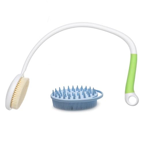 Fanwer 27.5” Back Bath Brush Long Handle for Shower and Silicone Body Scrubber, Shower Back Scrubber with Curved Handle for Elderly, Disabled, Limited Mobility, Post-Surgery, Frozen Shoulder - size: 1 Pack 27.5"