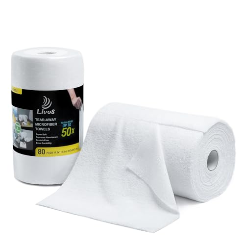 LIVOS Microfiber Cleaning Cloth Roll - 80 Pack, Reusable Paper Towels, White Tear Away, Microfiber Towels for Car, Super Absorbent Lint Free Cleaning Rags for House, Kitchen,Window- 11.5"x11.5" - color: White