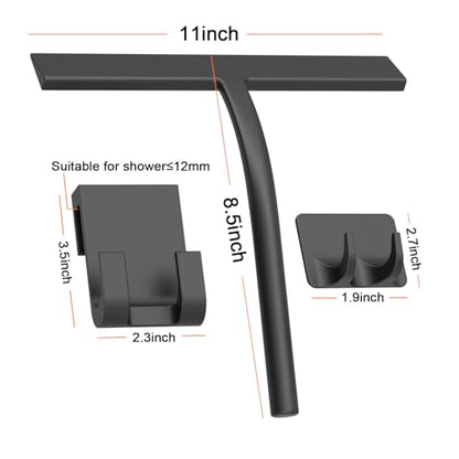 Silicone Shower Squeegee, Black, 11inch | All-Purpose, With Hook, For Shower Glass Door Window Mirror Tile Car Walls - size: 11 inch(2 hooks)