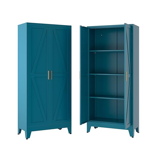 61" H Metal Storage Cabinets,Garage Cabinet,Broom Closet Storage Cabinet,Blue Storage Cabinets,Utility Cabinet - color: Blue, size: 61"H-5 Shelves