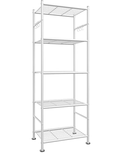 Sakugi Storage Shelves - 5-Tier Large Capacity Shelf Organizer with Hooks, Heavy-Duty Garage Shelving with Leveling Feet, Wobble-Free Rack for Bedroom, Balcony, Garage, 18.1"×12.4"×56.8", White - color: White, size: 18.1W×12.4D×56.8H(5T)