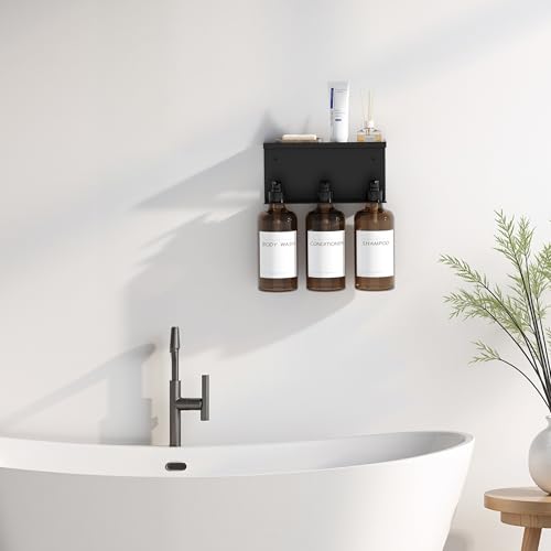 Shampoo and Conditioner Dispenser, Soap Dispenser Wall Mounted, 25.36 fl oz Set of 3 Amber Plastic Bottles Black Pump, Shower Soap Bottles Refillable with Labels for Bathroom