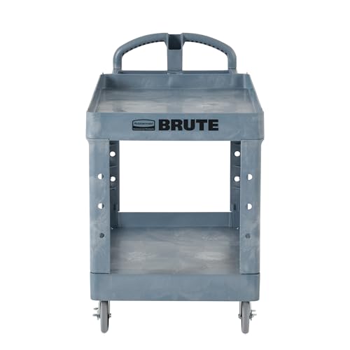 Rubbermaid Commercial Products BRUTE Heavy Duty 2-Shelf Utility/Service Cart, Medium, Lipped Shelves, Ergonomic Handle, 500 lbs. Capacity, Gray, for Warehouse/Garage/Cleaning/Maintenance/Stadiums - color: Gray, size: Medium, style: 2-Shelf