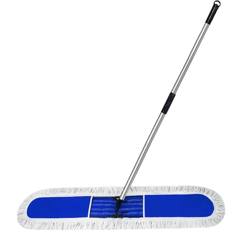 48 inch Commercial Dust Mop for Hardwood Floors, Large Size Dry Mop, Reusable Cotton Yarn Head, Telescopic Stainless Steel Handle, Industrial dust mops for Floor Cleaning, Marble, Blue