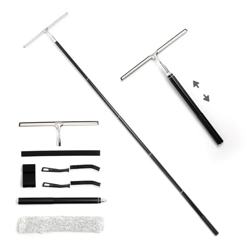 16.7“- 59.5" Long Handle Window Squeegee with Extension Pole, 12.4" Wide Metal Shower Squeegee for Glass Doors, 2-in-1 Squeegee for Home Window Cleaning, Tile Wall, Car (Silver) - color: Black/Silver, size: 12.4" Wide