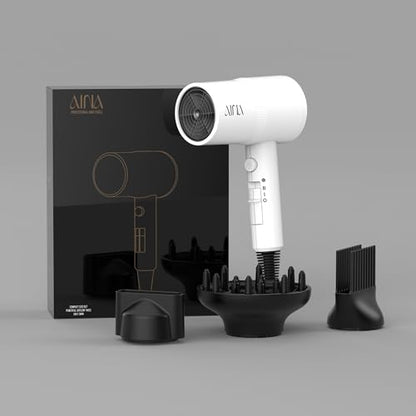 AINA Hair Dryer with Diffuser, Comb | Blow Dryer for Women Compact Travel Professional Ionic Blow Dry | Cold Shot Button 110V/ALCI (White) - color: White, size: 4 Piece