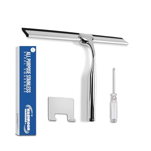 All-Purpose Shower Squeegee for Shower Doors, Bathroom, Windows, Mirrors, Tiles, and Car Glass – 11 Inches Stainless Steel with Hook (Silver)