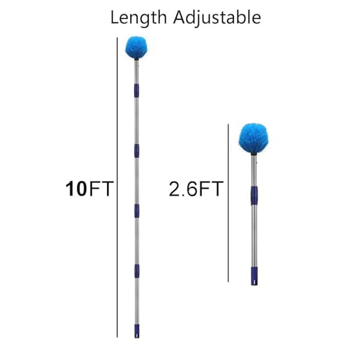 Cobweb Duster with Pole, 10ft Stainless Steel Pole Cobweb Brush with Medium-Stiff Bristles for Walls Beams Shelves Iight Fixtures and Window Screens - size: 10FT