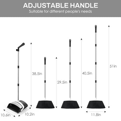 Broom and Dustpan Set for Home, 51-in Long Adjustable Handle Angle Broom and Dustpan Combo Set with Dust Pan Teeth to Clean Hair for Home Kitchen Office Lobby Floor Garden (Black&White) - color: Black White
