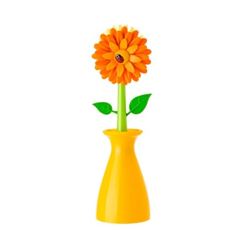 Vigar Flower Power Dish Brush with Handle and Vase Holder - Dish Scrub Brush for Dishes, Kitchen Scrub Brush, Dish Brush with Handle, Sink Cleaning Brush, Pot Scrubber, Dishwashing Brush - Orange - color: Orange
