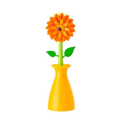 Vigar Flower Power Dish Brush with Handle and Vase Holder - Dish Scrub Brush for Dishes, Kitchen Scrub Brush, Dish Brush with Handle, Sink Cleaning Brush, Pot Scrubber, Dishwashing Brush - Orange - color: Orange