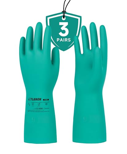 LANON 3 Pairs Nitrile Chemical Resistant Gloves, Reusable Heavy-Duty Rubber Gloves, Acid, Alkali & Oil Protection, Non-Slip, Large - size: Large (Pack of 3)