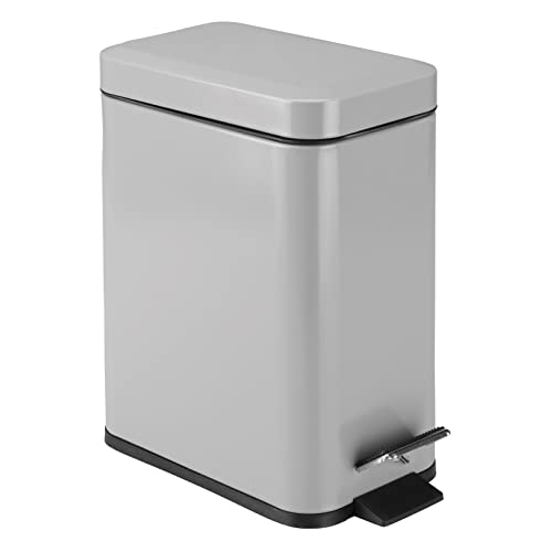 mDesign Small Modern 1.3 Gallon Rectangle Metal Lidded Step Trash Can, Compact Garbage Bin with Removable Liner Bucket and Handle for Bathroom, Kitchen, Craft Room, Office, Garage - Gray - color: Gray, size: 1.3 Gallon