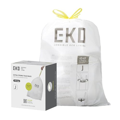 EKO 12.9 Gallon / 45-49 Liter, 110 Count Drawstring Trash Bags, Extra-Strong Unscented Garbage Bags, Easy-Dispense Roll for Kitchen & Household Use, Resists Tears, Leaks and Punctures, Code J, White - size: 110 Count (Pack of 1), style: 12.9 Gallon Bags/C