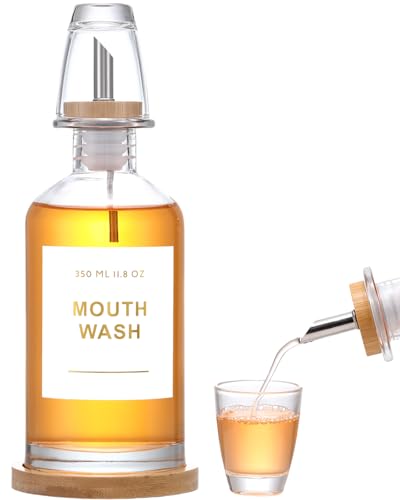 11.8OZ Glass Mouthwash Dispenser for Bathroom with Stainless Steel & Bamboo Nozzle, Mouthwash Cup Reusable, Bamboo Tray, and Elegant Gold Sticker.（Clear - color: Clear/350*1