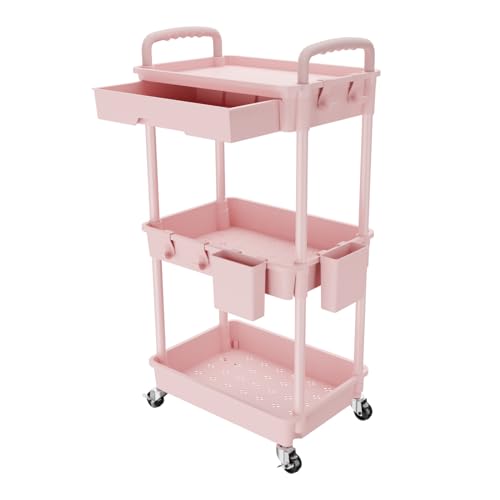 REBECAT 3 Tier Rolling Utility Cart with Drawer,Storage Cart,Rolling Cart for Kitchen,Bathroom,Living Room,Storage Organizer with Iron Wheels（Pink - color: Pink
