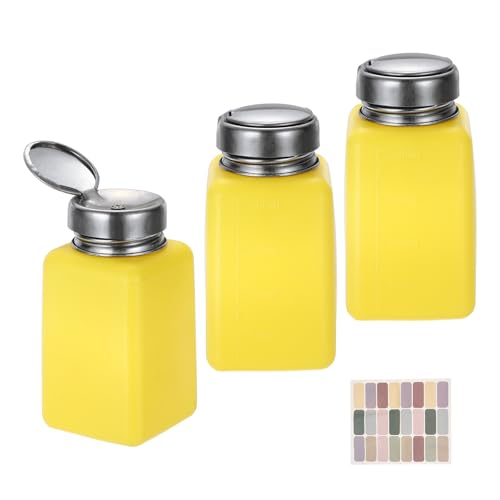 uxcell 3Pcs Push Down Solvent Dispenser, 200ml/6.7oz Anti-Reflux Liquid Pump Bottle with Stainless Steel Lid and Colorful Stickers for Acetone Alcohol Makeup Remover, Yellow - color: Yellow, size: 200ml/6.7oz