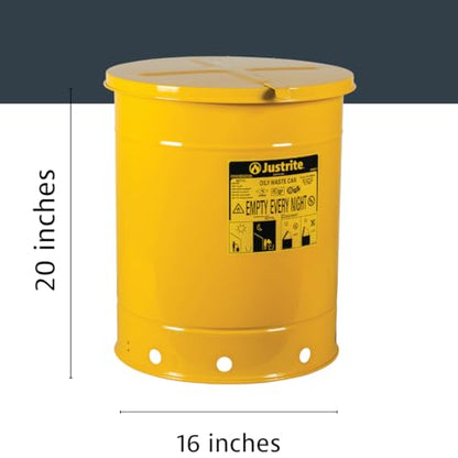 Justrite 14 Gallon Galvanized Steel Oily Waste Can, 20" x 16" Metal Oil Rag Safety Can with Hand Operated Self-Closing Lid for Oil Rag Disposal, Made in The USA, Yellow, 09511 - color: Yellow, size: 14 Gallon, style: Hand-Operated Lid