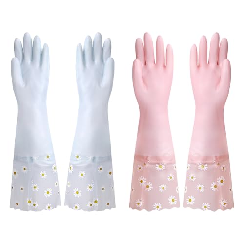 2 Pairs Daisy Flower Dishwashing Gloves Rubber Cleaning Gloves Kitchen Work Gloves Long Cuff Waterproof Gloves Gardening Household Gloves Reusable Dish Washing Gloves for Laundry