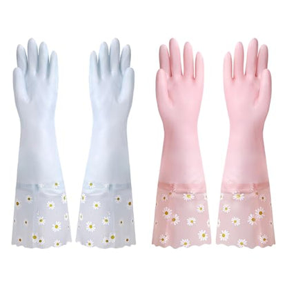 2 Pairs Daisy Flower Dishwashing Gloves Rubber Cleaning Gloves Kitchen Work Gloves Long Cuff Waterproof Gloves Gardening Household Gloves Reusable Dish Washing Gloves for Laundry
